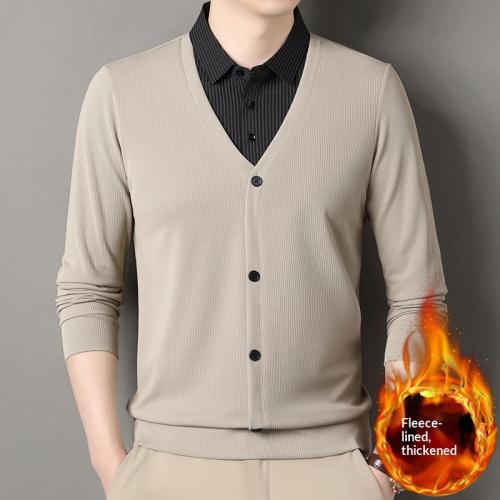 Fleece-lined Thickened Long-sleeve Striped Shirt With A Lapel Collar