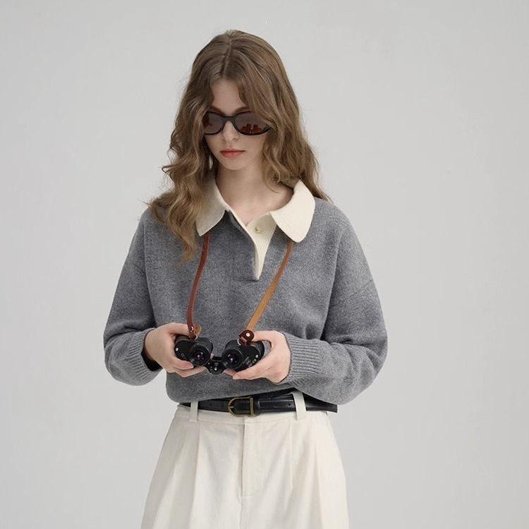 Color-block POLO-collar Pullover Sweater With A Lapel Neckline