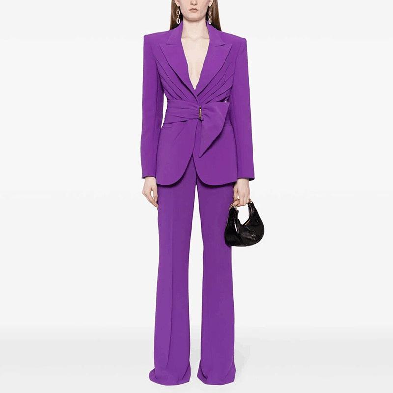 Elegant Belt Slim-fit Jacket And Trousers Set