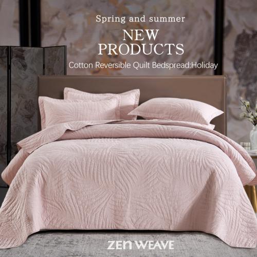 3D Computer Embroidery Leaf Pattern Beige Cotton Quilted Bed Cover Wide Edge Pillowcase Double Sided Pure Cotton Fabric Upgraded 230G High Weight Cotton Filling Eco-Friendly Printing High Temperature