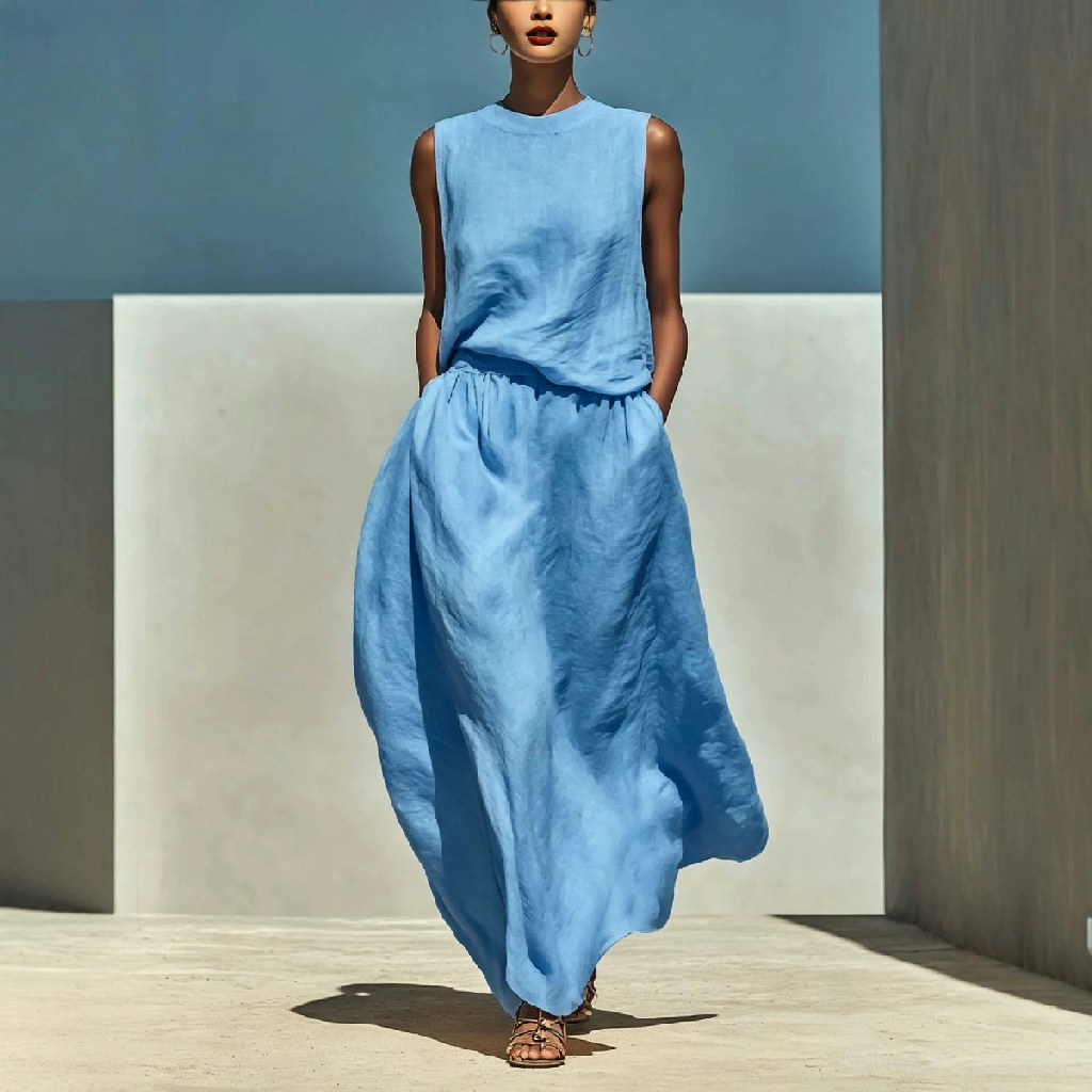 Sleeveless Top And Loose Flared Midi Skirt Two-piece Set