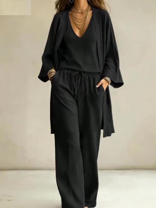 Women 3 Pieces Casual Matching Set Solid V-Neck Sleeveless Tank Tops Long Open Front Kimono Cardi…